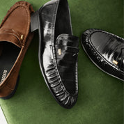 Black Suede Penny Loafers with Hardware