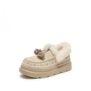Taupe Suede Platform Moccasins with Crystal Tassels & Fur Collar