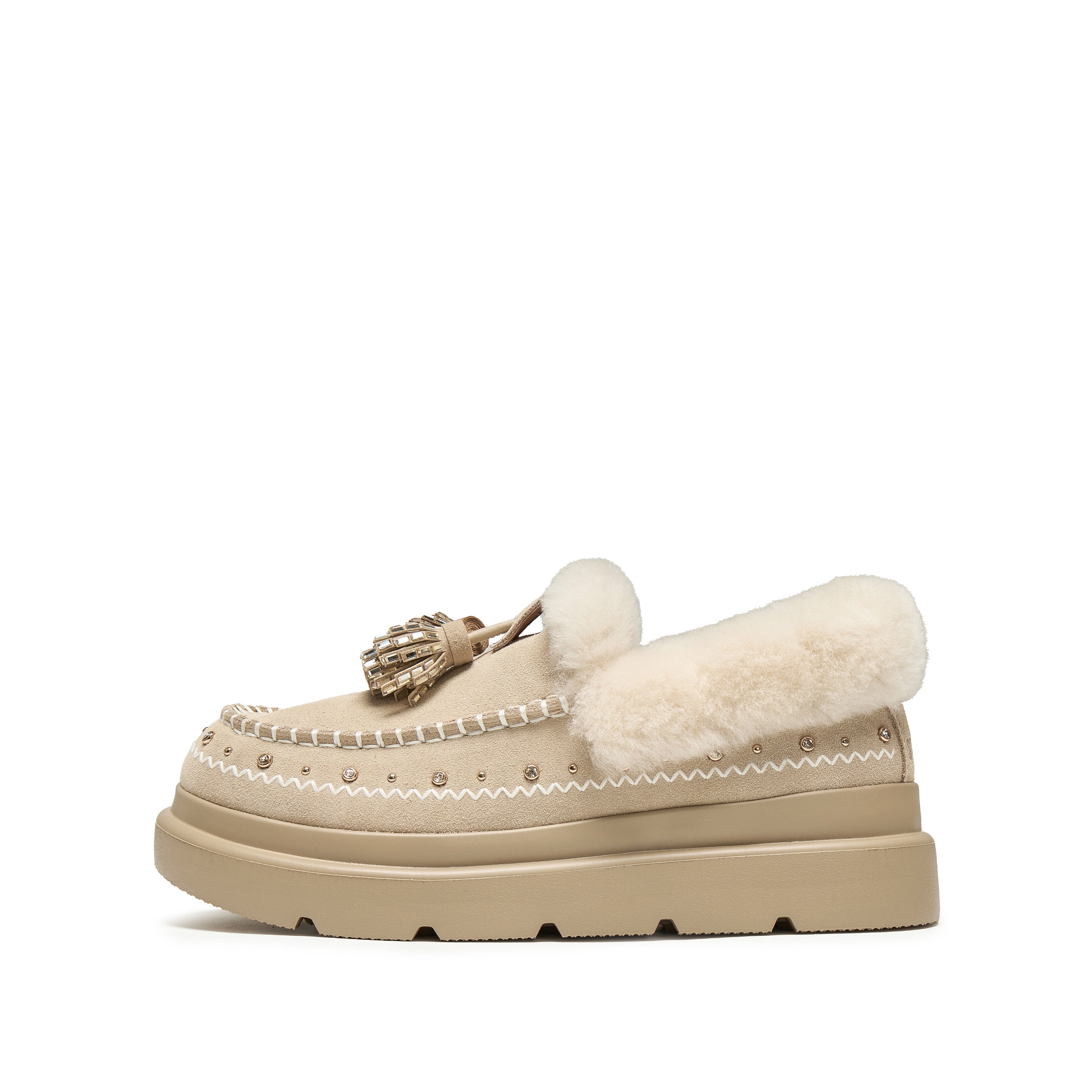 Taupe Suede Platform Moccasins with Crystal Tassels & Fur Collar