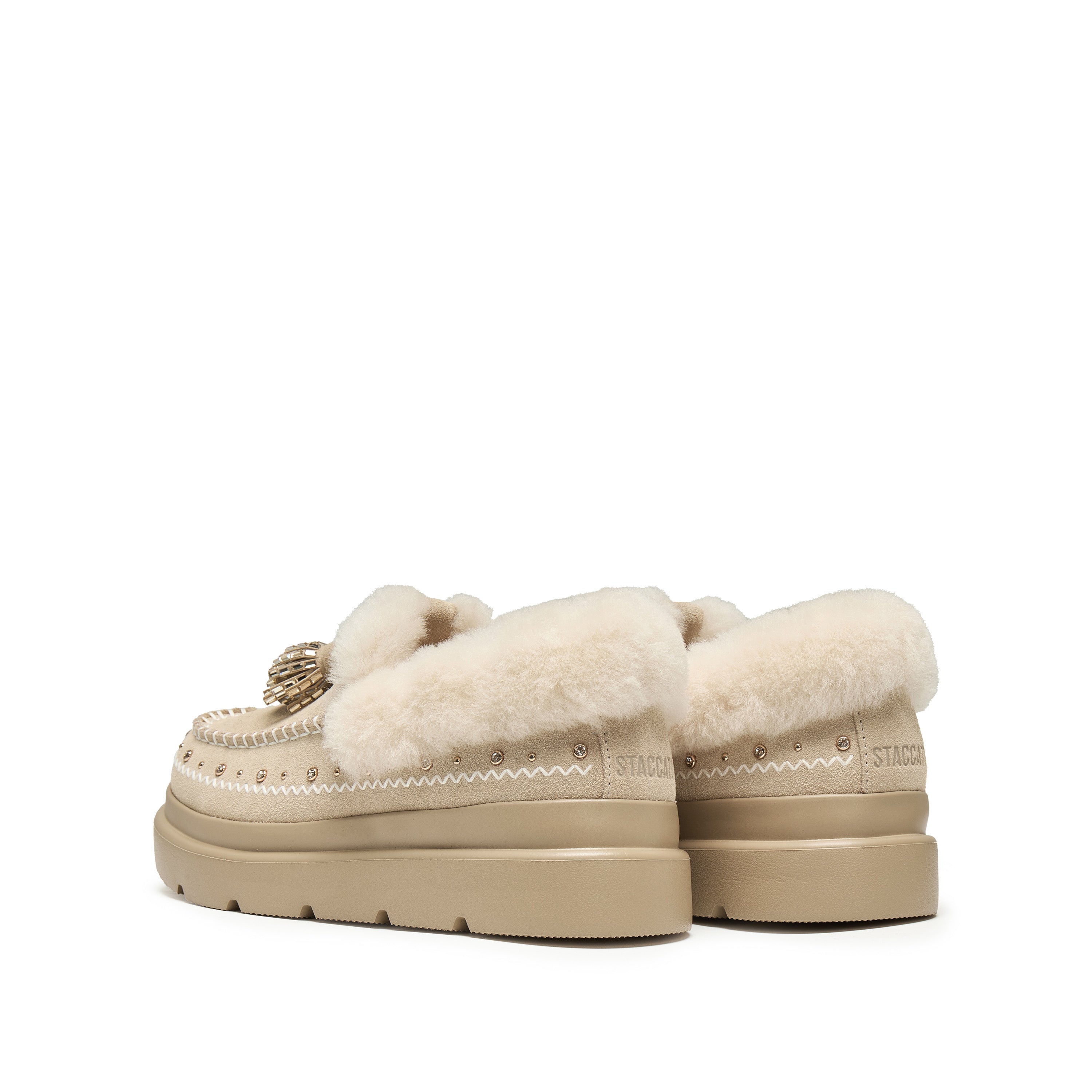 Taupe Suede Platform Moccasins with Crystal Tassels & Fur Collar