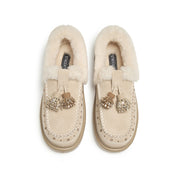Taupe Suede Platform Moccasins with Crystal Tassels & Fur Collar
