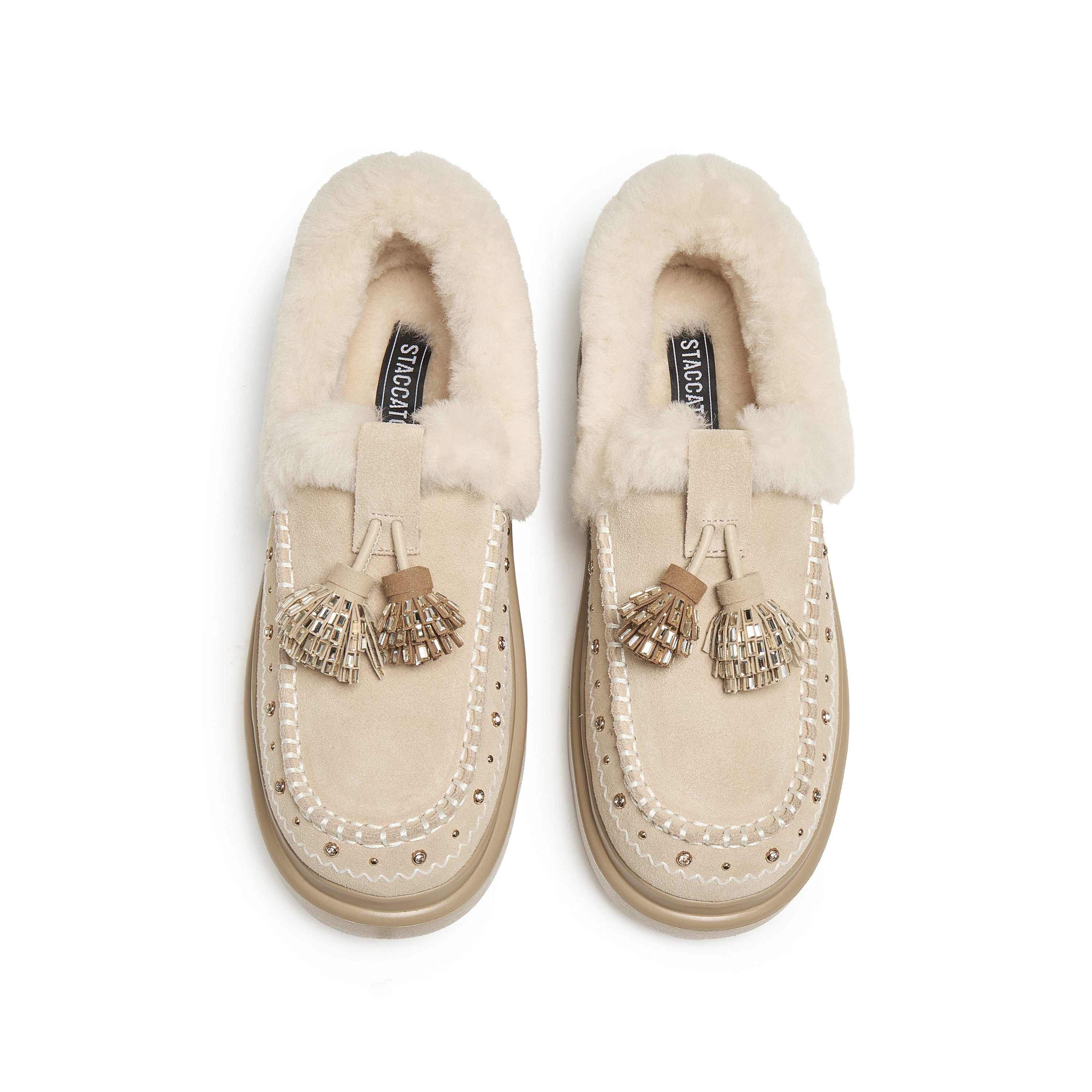 Taupe Suede Platform Moccasins with Crystal Tassels & Fur Collar