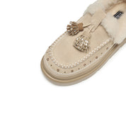 Taupe Suede Platform Moccasins with Crystal Tassels & Fur Collar