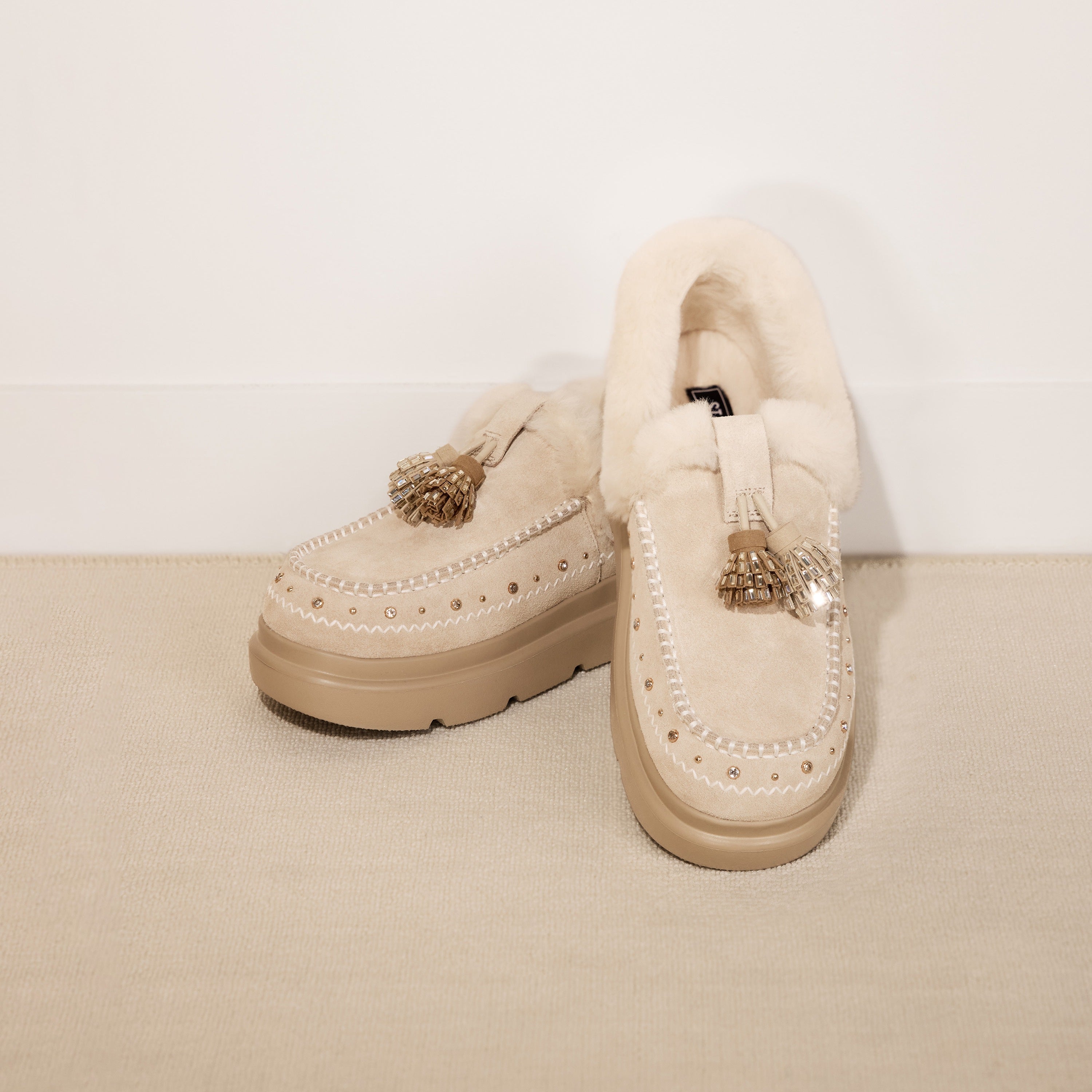 Taupe Suede Platform Moccasins with Crystal Tassels & Fur Collar
