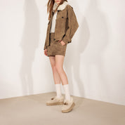 Taupe Suede Platform Moccasins with Crystal Tassels & Fur Collar
