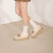Taupe Suede Platform Moccasins with Crystal Tassels & Fur Collar