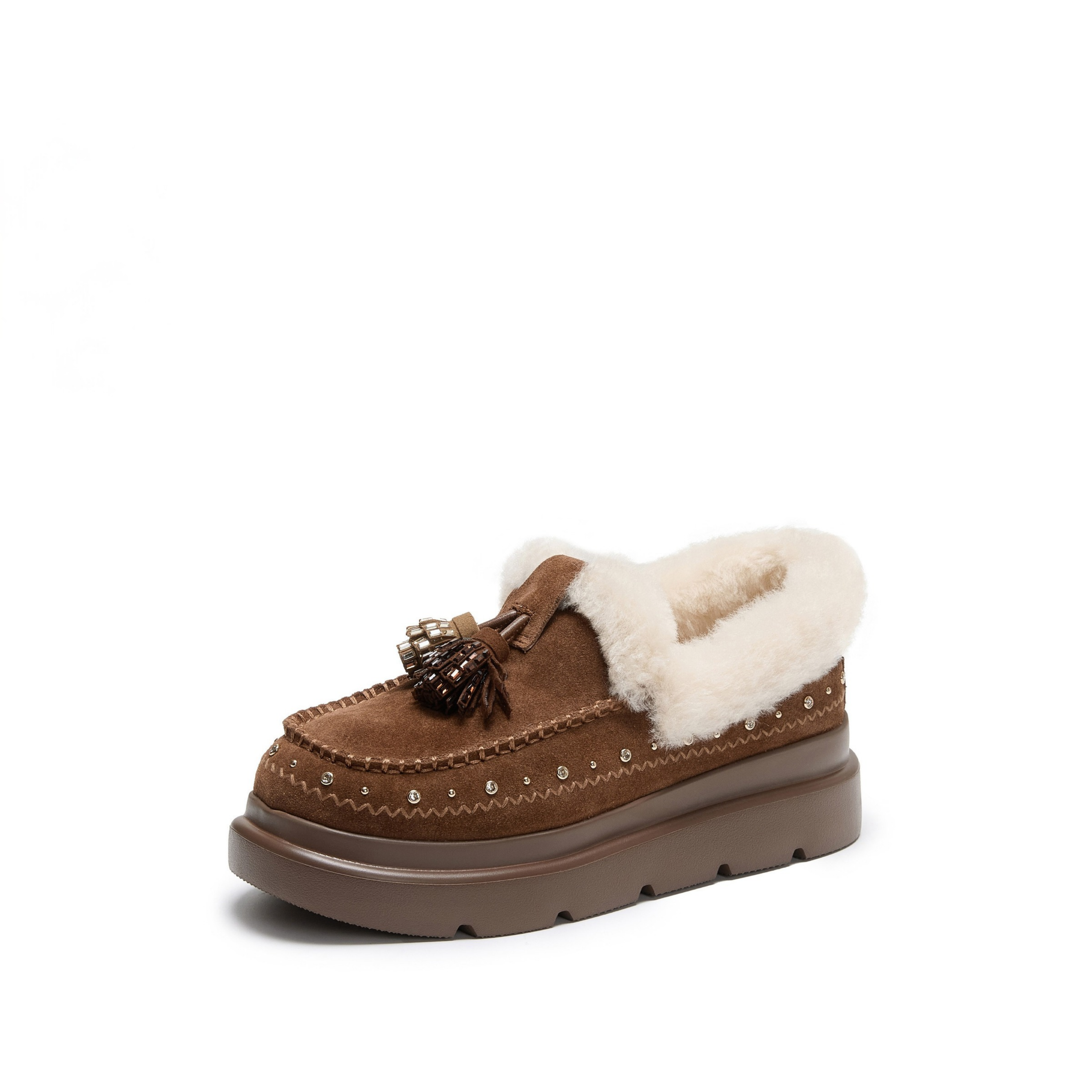 Brown Suede Platform Moccasins with Crystal Tassels & Fur Collar