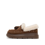 Brown Suede Platform Moccasins with Crystal Tassels & Fur Collar