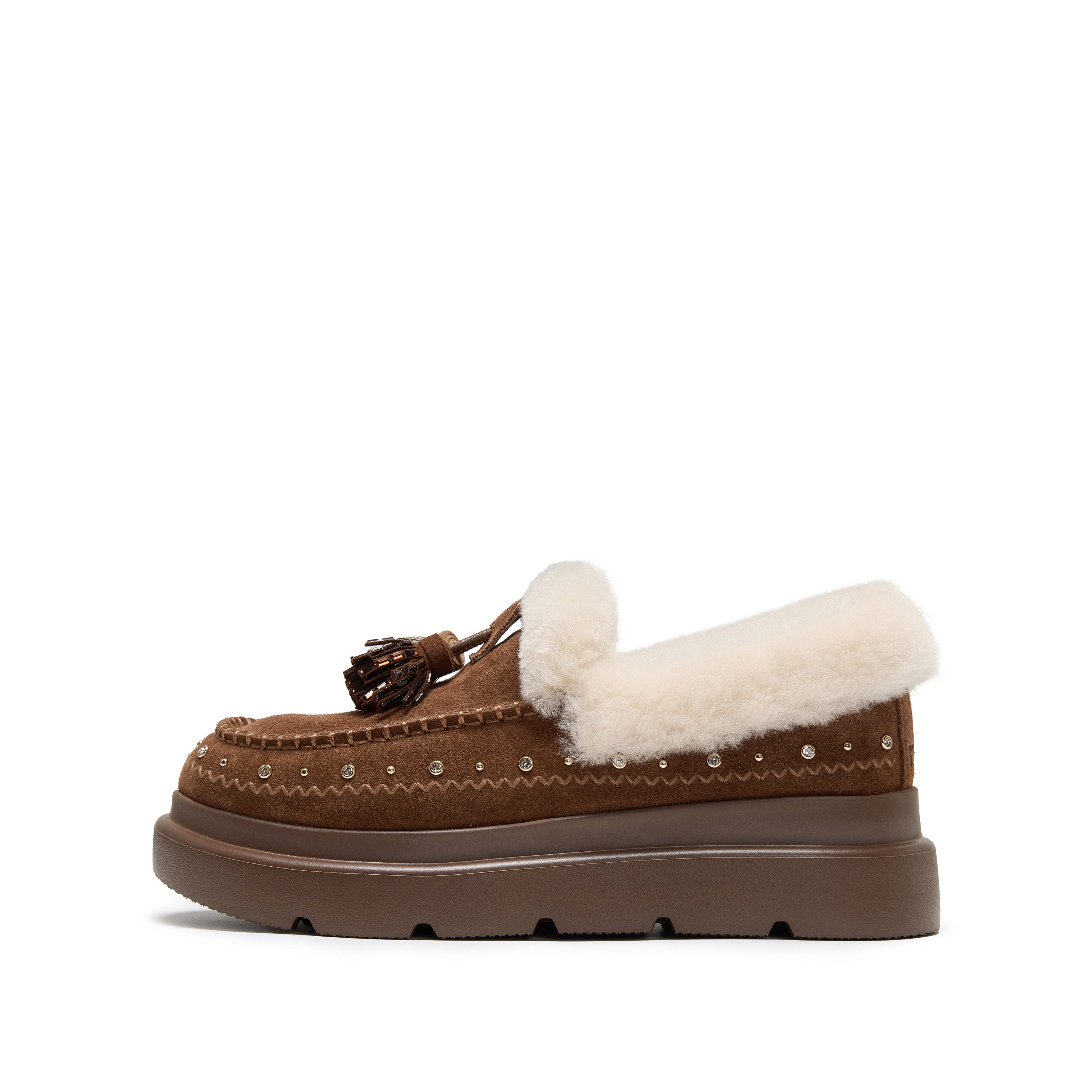 Brown Suede Platform Moccasins with Crystal Tassels & Fur Collar