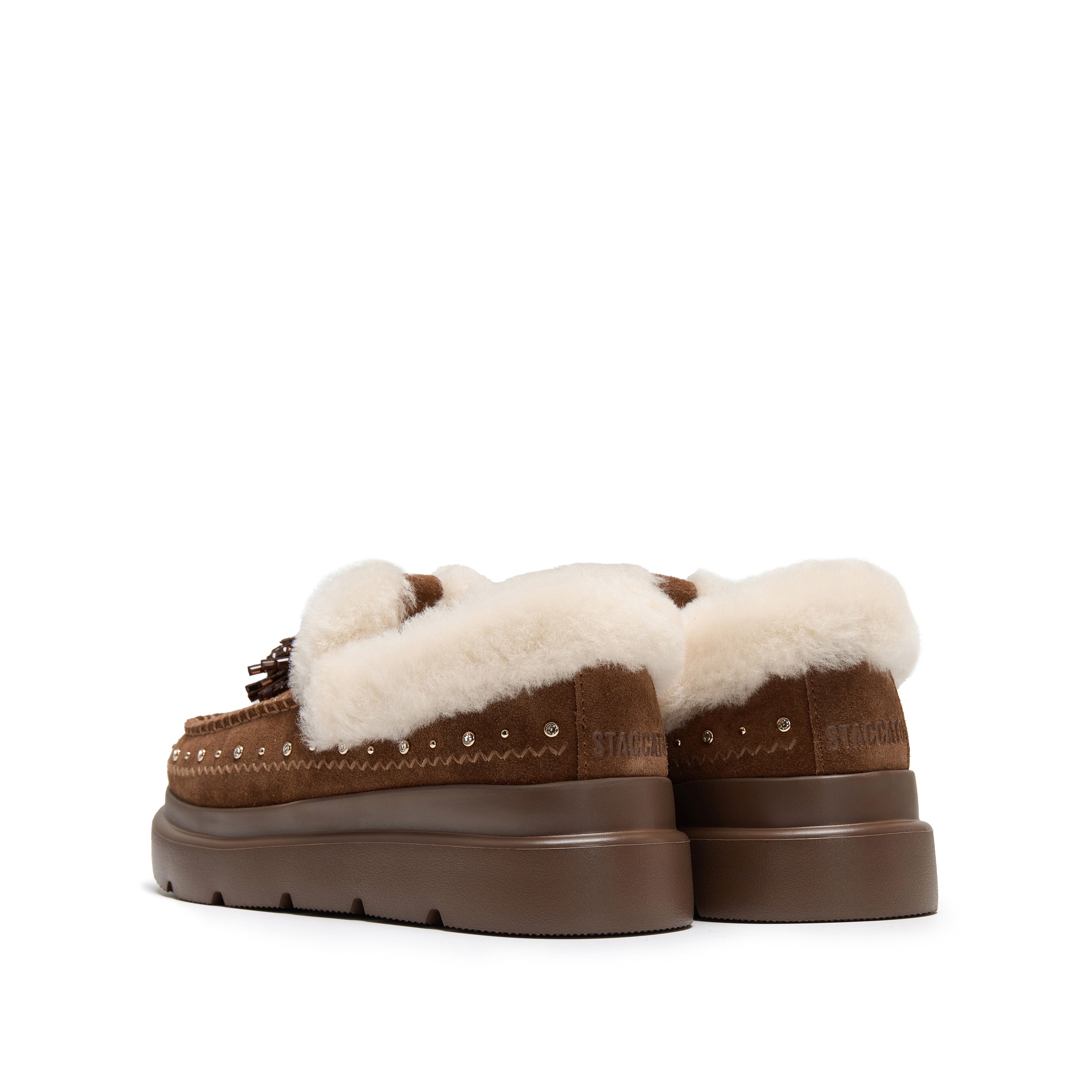 Brown Suede Platform Moccasins with Crystal Tassels & Fur Collar