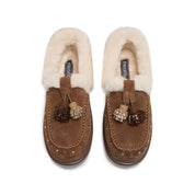 Brown Suede Platform Moccasins with Crystal Tassels & Fur Collar