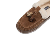 Brown Suede Platform Moccasins with Crystal Tassels & Fur Collar