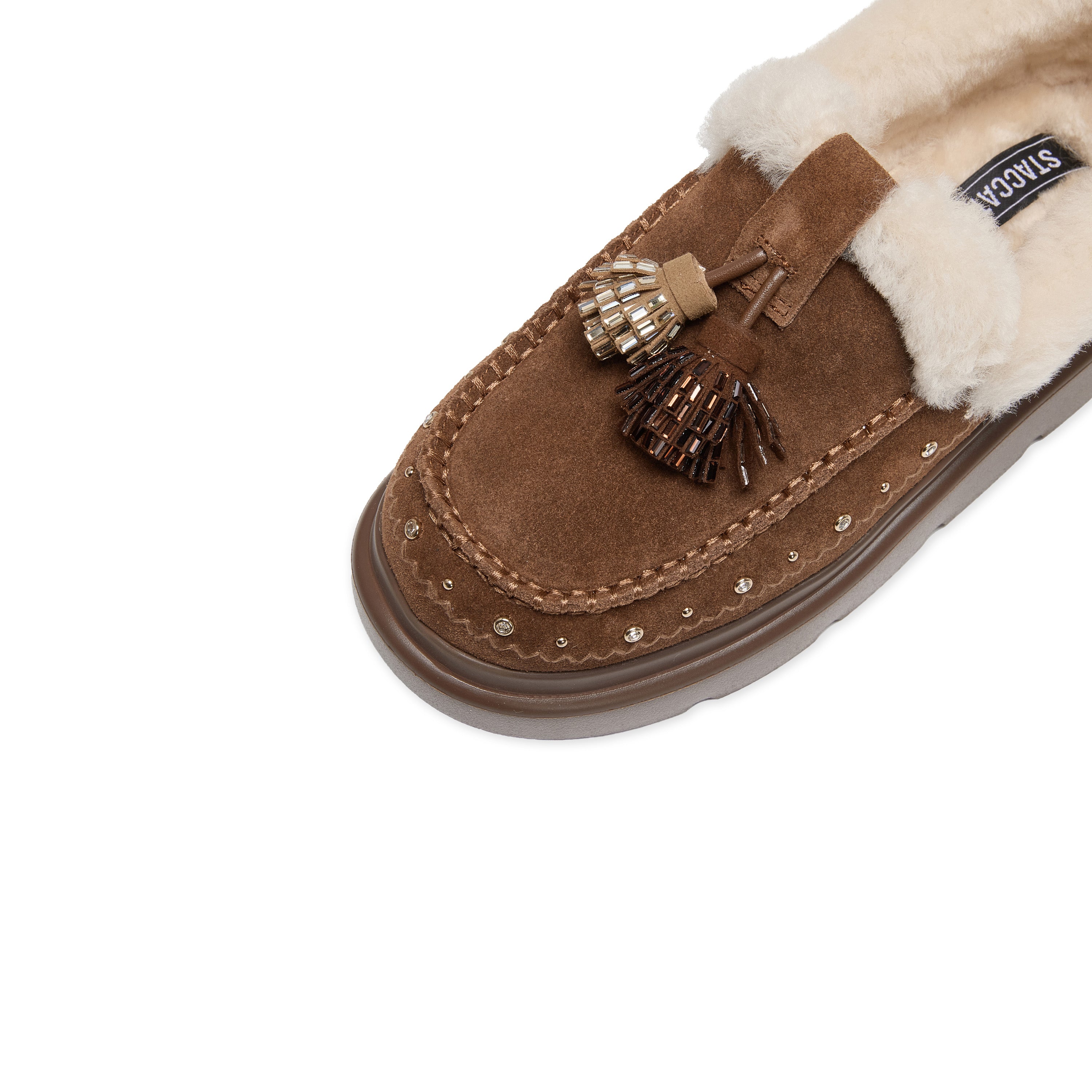 Brown Suede Platform Moccasins with Crystal Tassels & Fur Collar