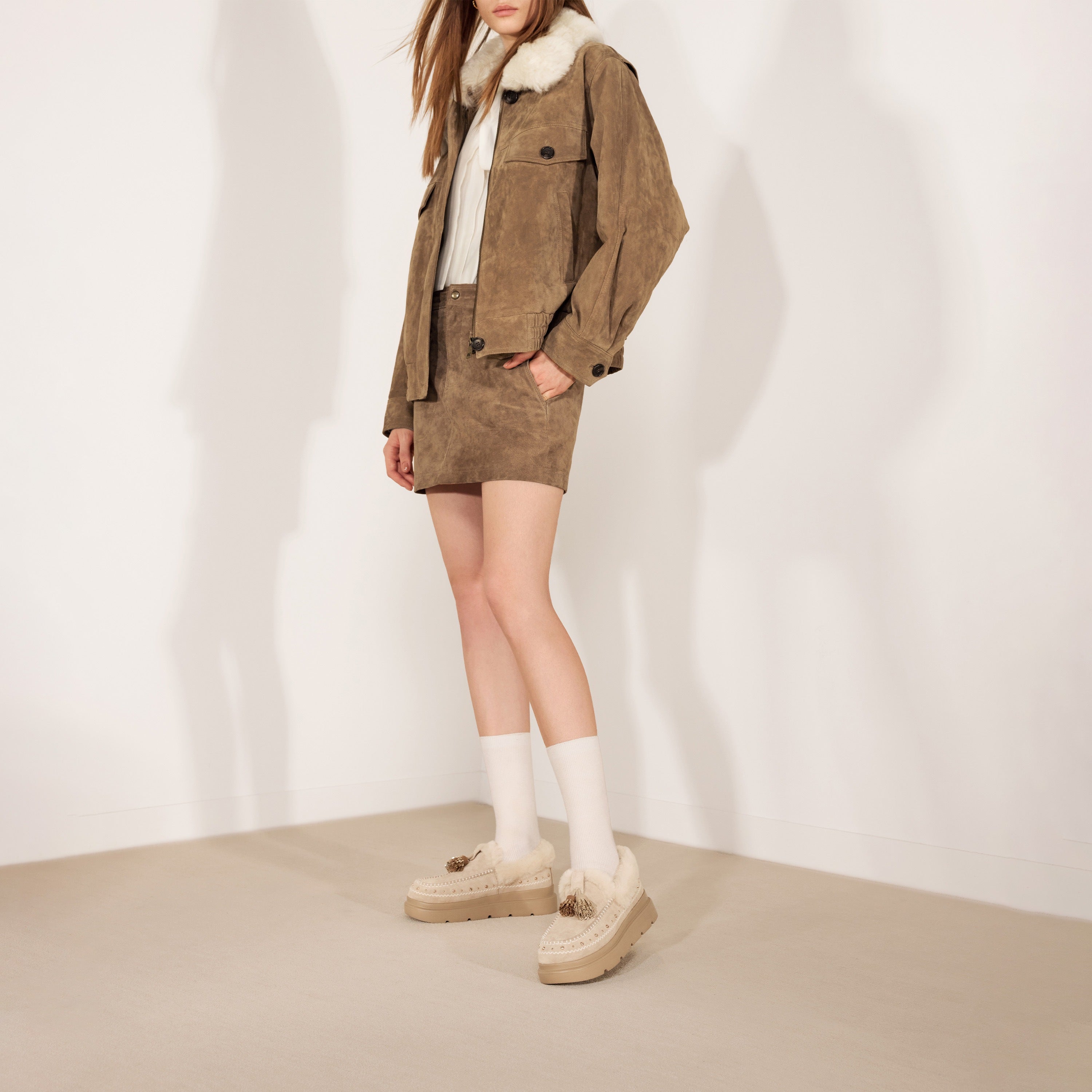 Brown Suede Platform Moccasins with Crystal Tassels & Fur Collar