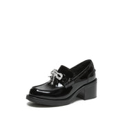 Patent Leather Crystal Bow Block Heel Loafers