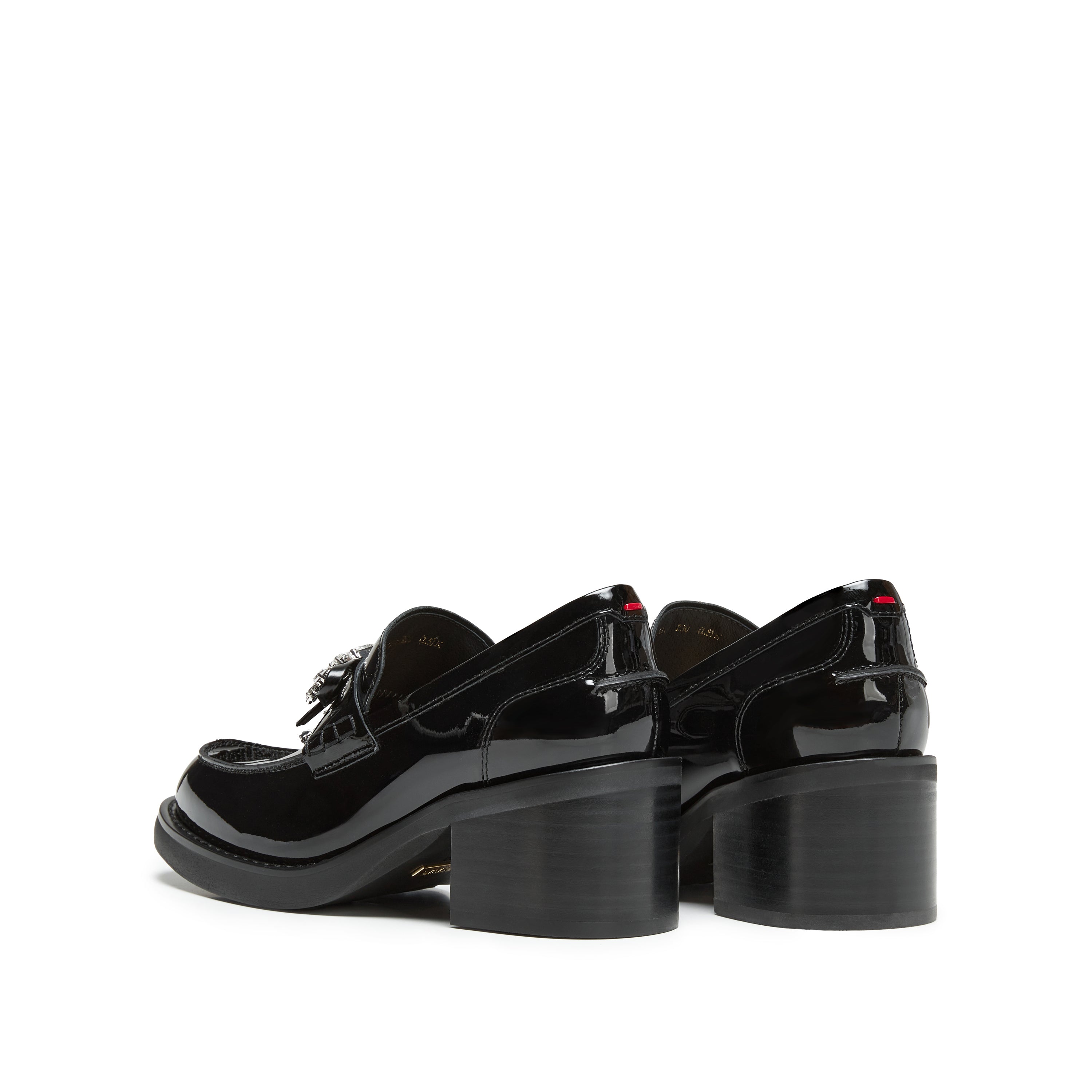 Patent Leather Crystal Bow Block Heel Loafers