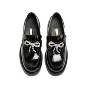 Patent Leather Crystal Bow Block Heel Loafers
