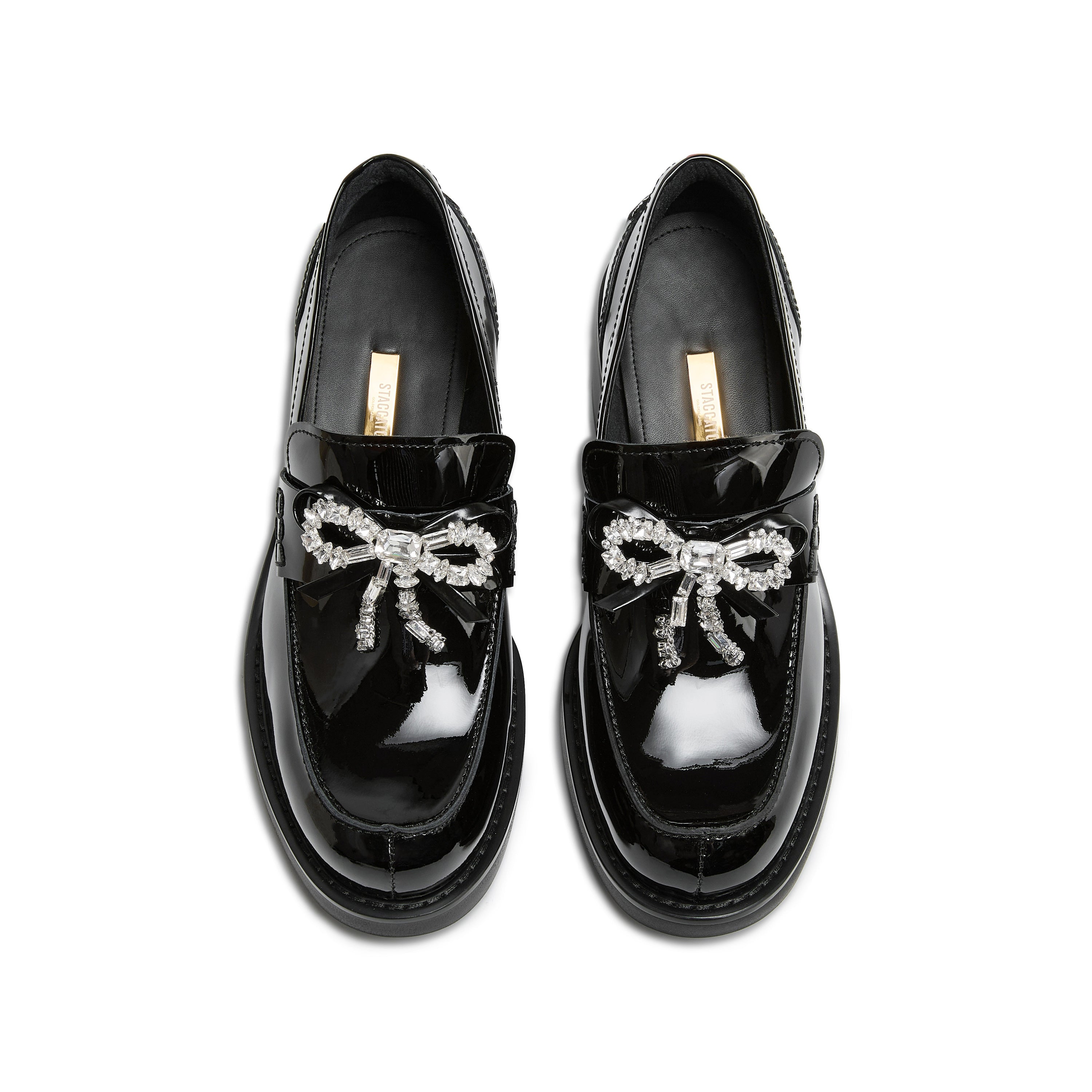 Patent Leather Crystal Bow Block Heel Loafers