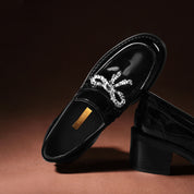 Patent Leather Crystal Bow Block Heel Loafers