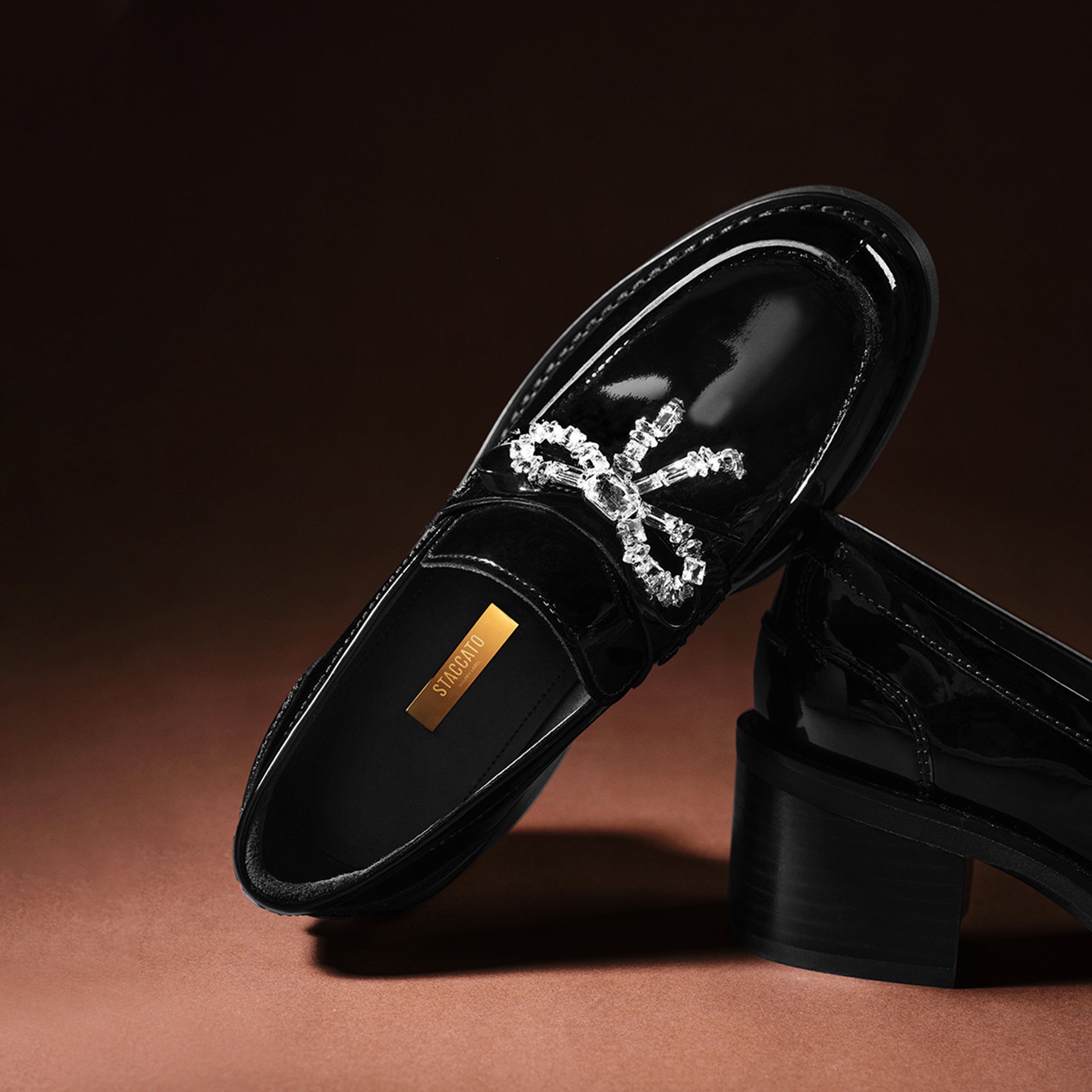 Patent Leather Crystal Bow Block Heel Loafers