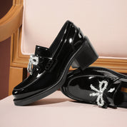Patent Leather Crystal Bow Block Heel Loafers