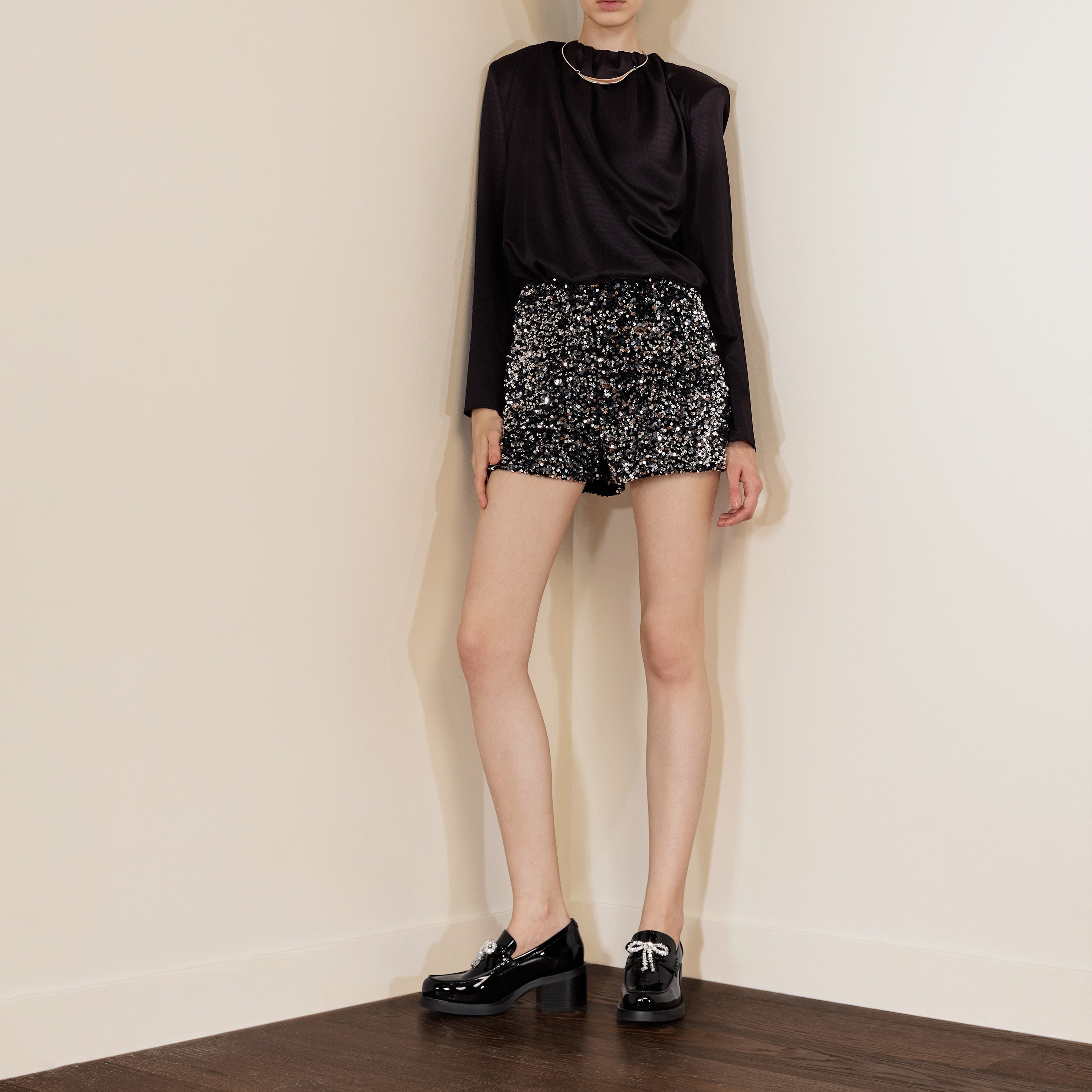 Patent Leather Crystal Bow Block Heel Loafers