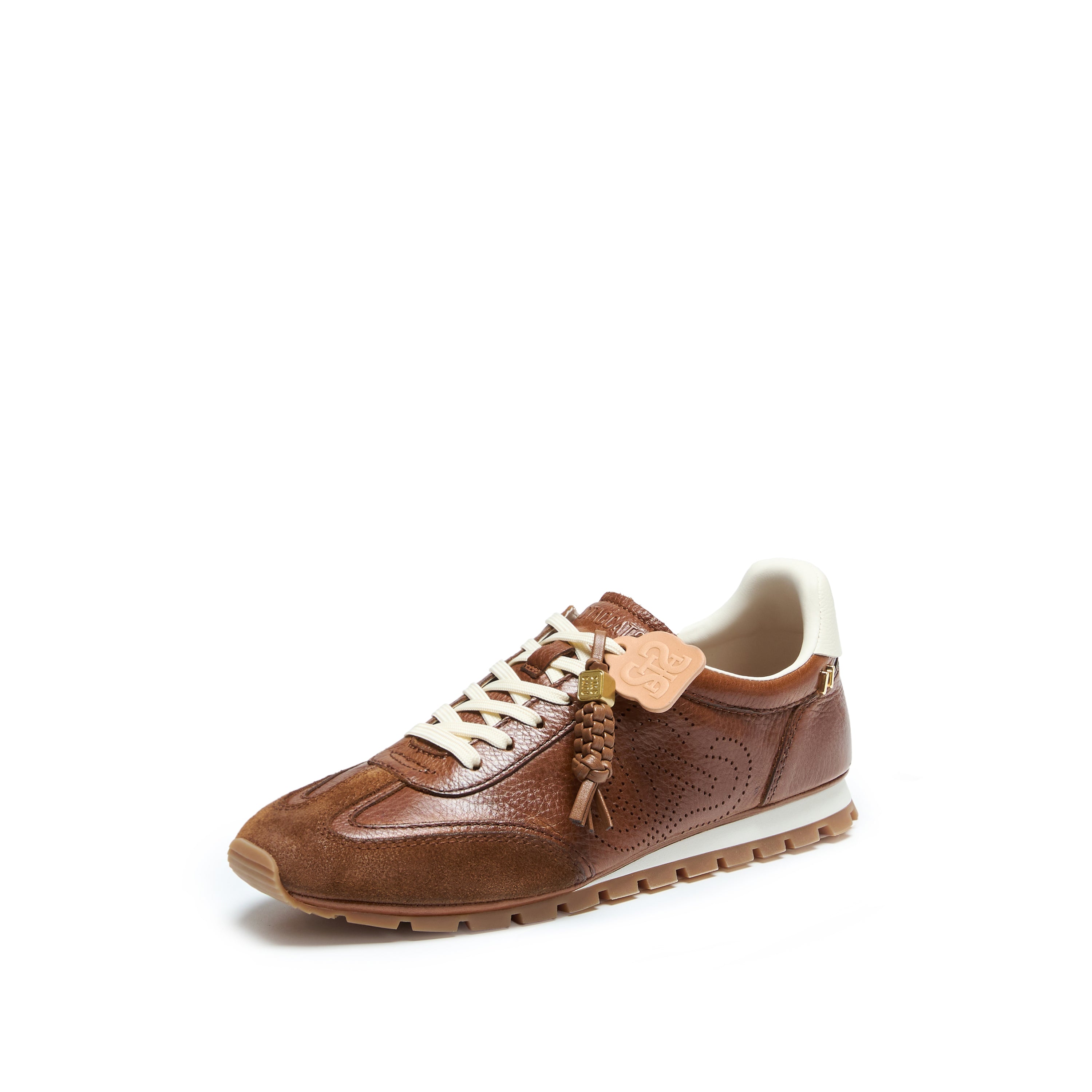 Brown Perforated ST Logo Suede Patchwork Flat Sneakers