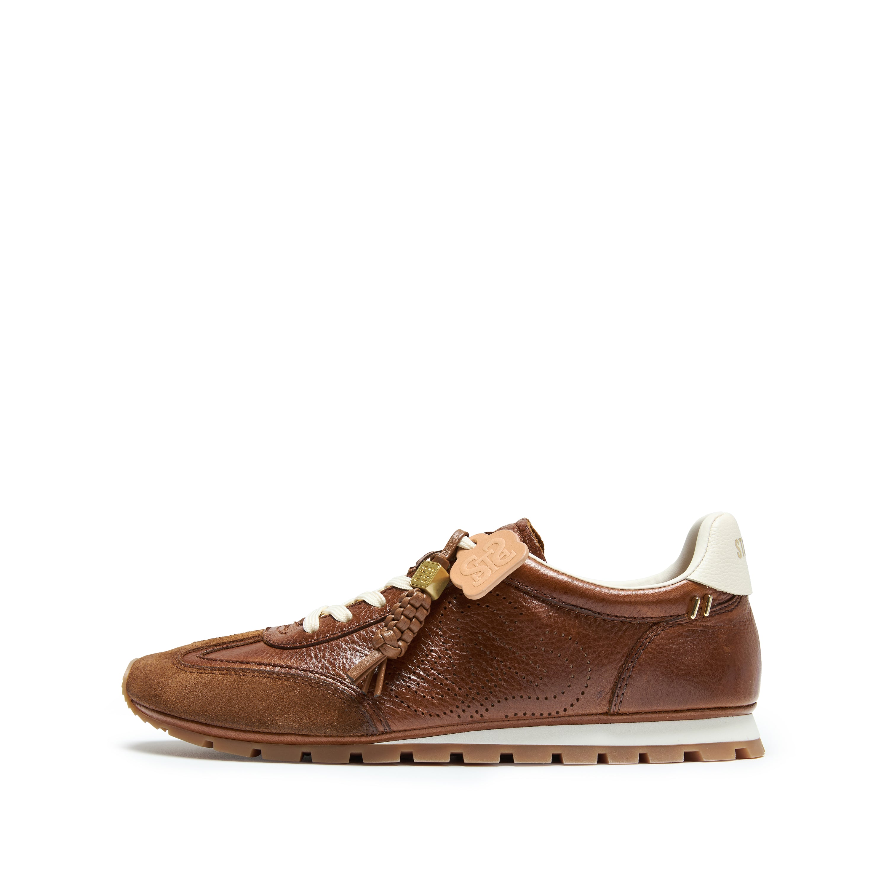 Brown Perforated ST Logo Suede Patchwork Flat Sneakers