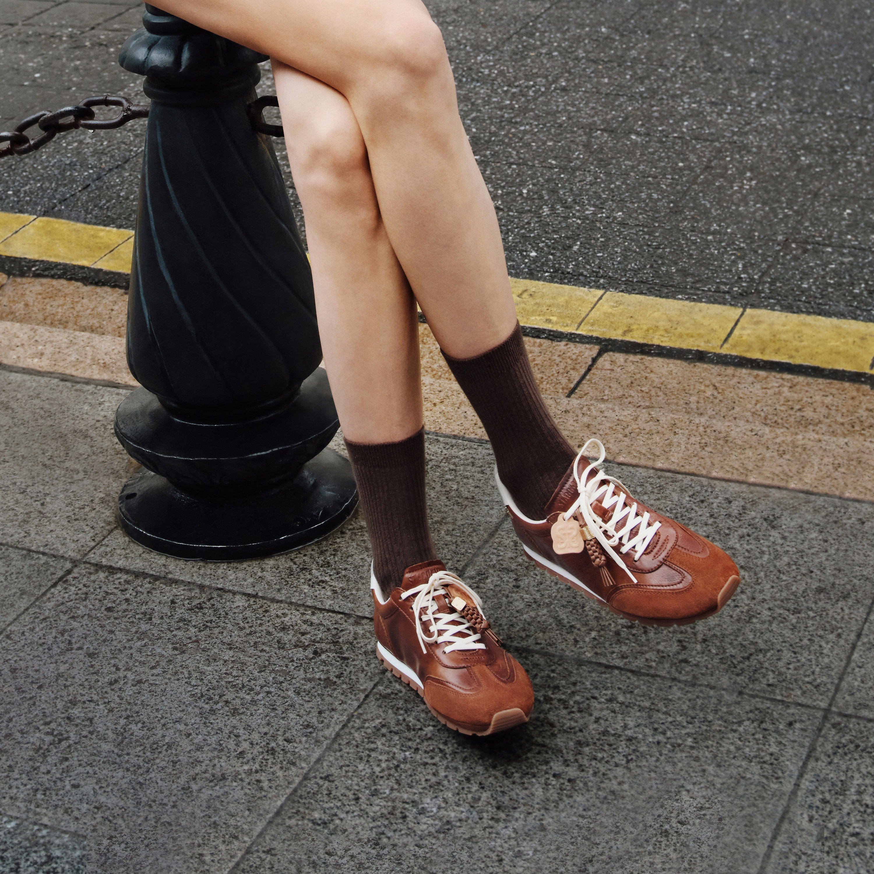 Brown Perforated ST Logo Suede Patchwork Flat Sneakers