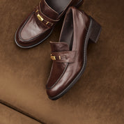 Brown Metal Hardware Block Heel Loafers