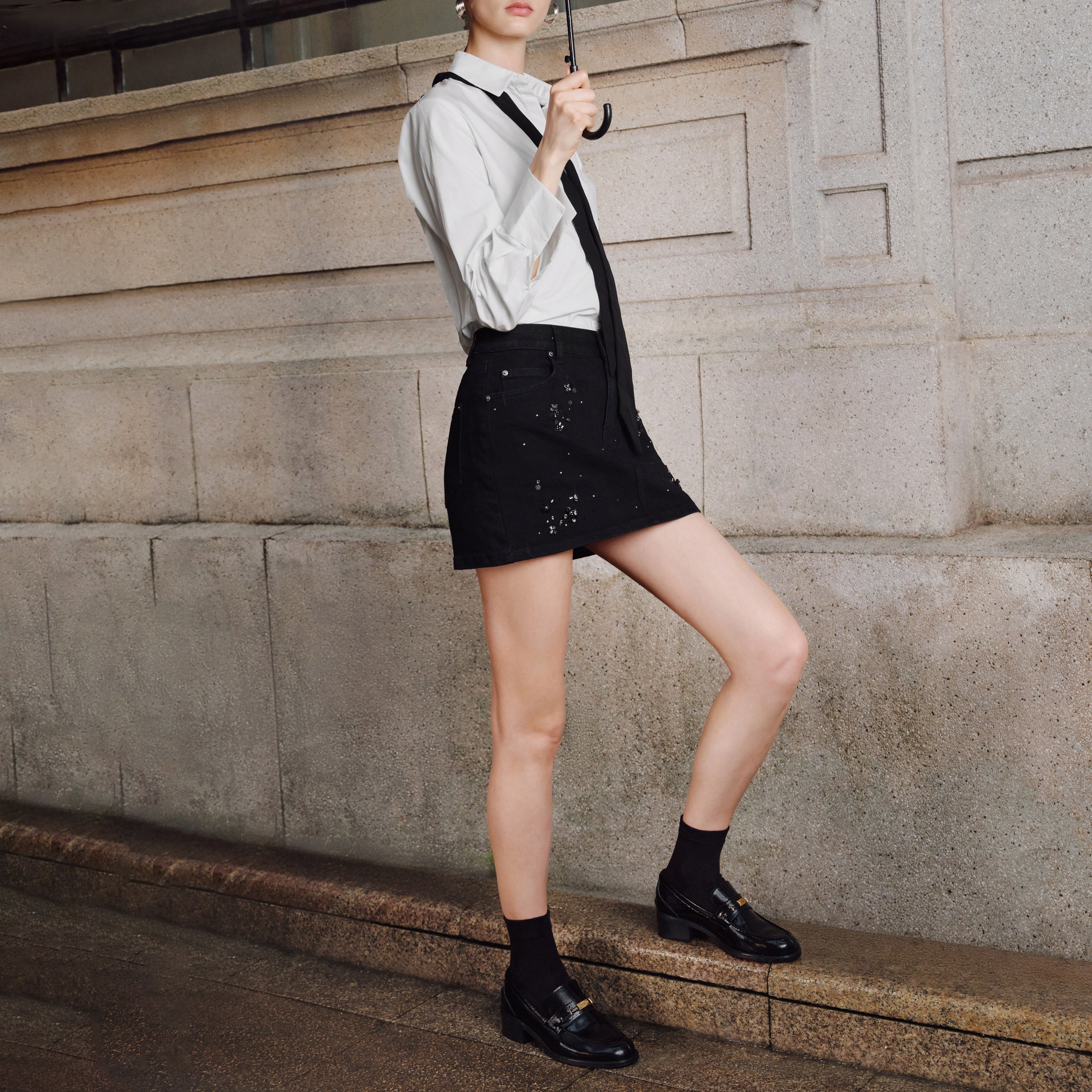 Black Metal Hardware Block Heel Loafers