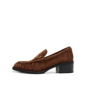 Brown Suede Block Heel Penny Loafers