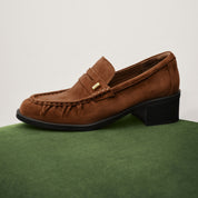 Brown Suede Block Heel Penny Loafers