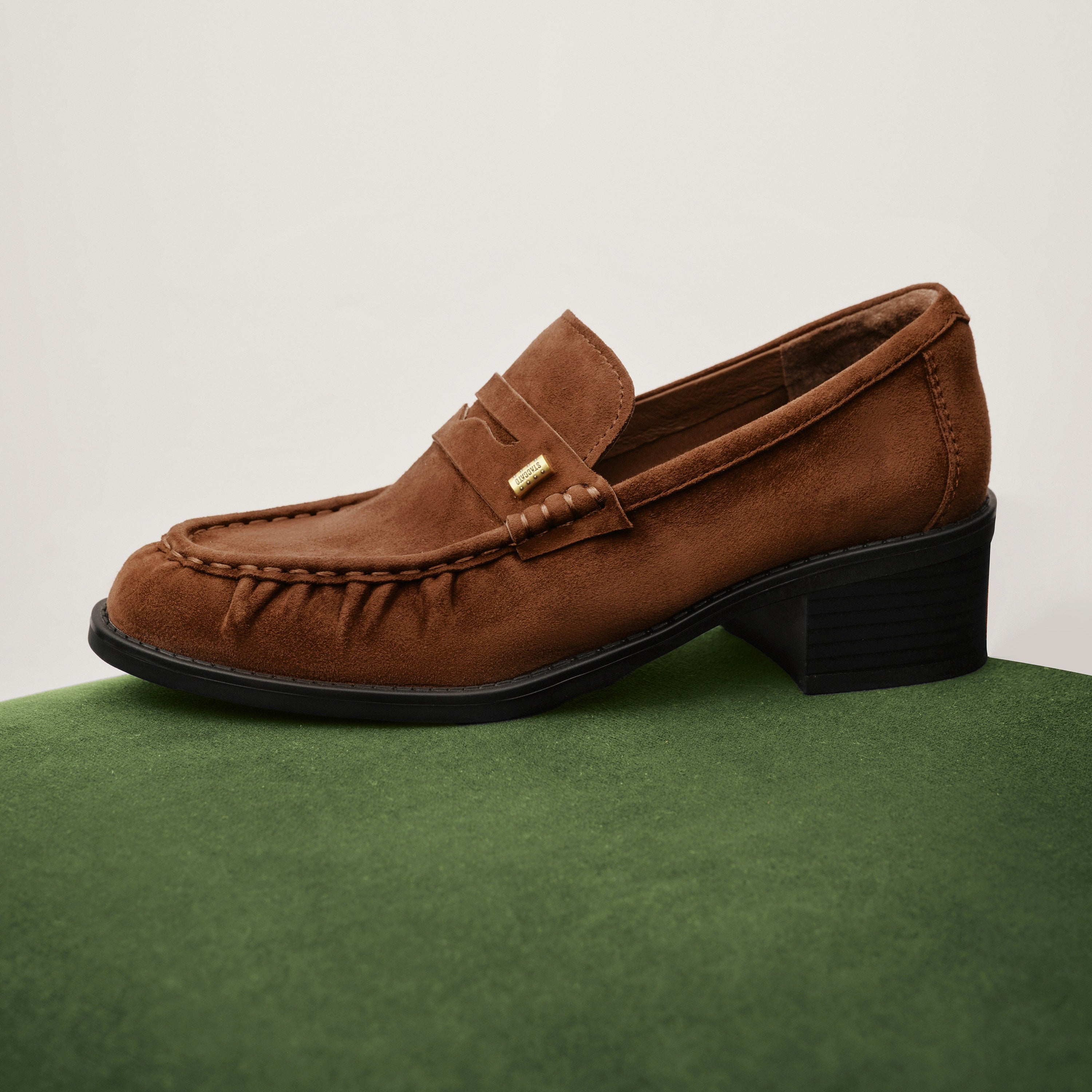 Brown Suede Block Heel Penny Loafers