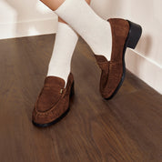 Brown Suede Block Heel Penny Loafers