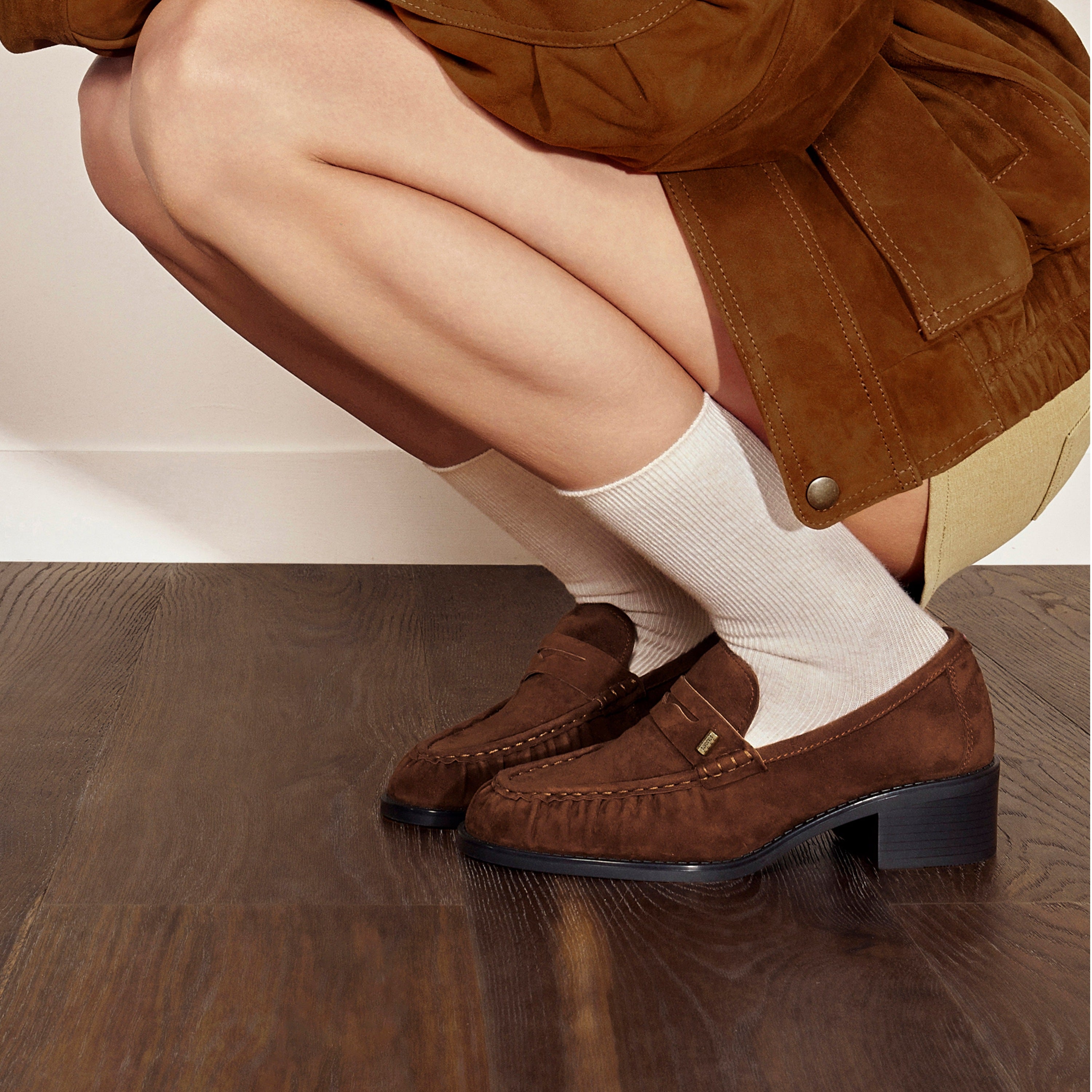 Brown Suede Block Heel Penny Loafers