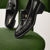Black Suede Block Heel Penny Loafers