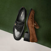 Black Suede Block Heel Penny Loafers