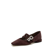 Wine Suede Double Crystal Buckle Mary Janes Flats