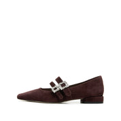 Wine Suede Double Crystal Buckle Mary Janes Flats