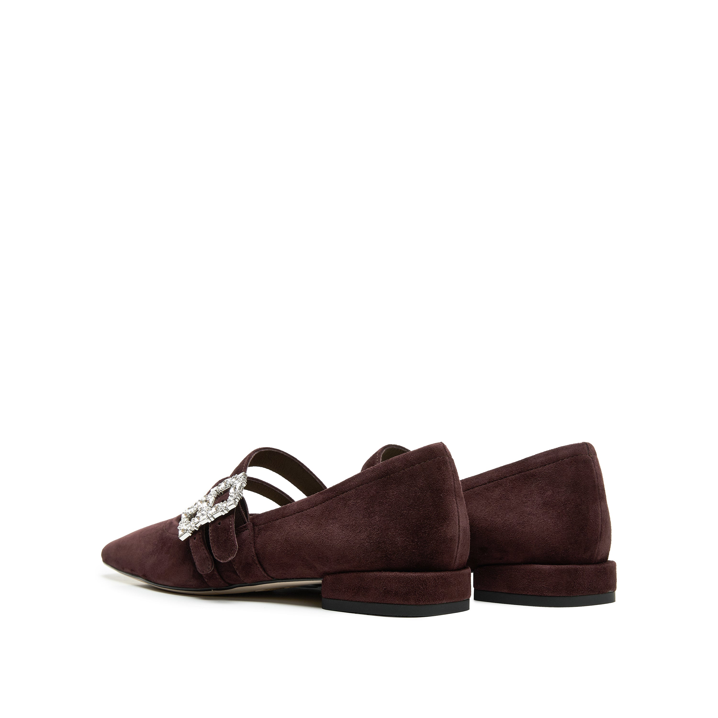 Wine Suede Double Crystal Buckle Mary Janes Flats