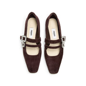Wine Suede Double Crystal Buckle Mary Janes Flats