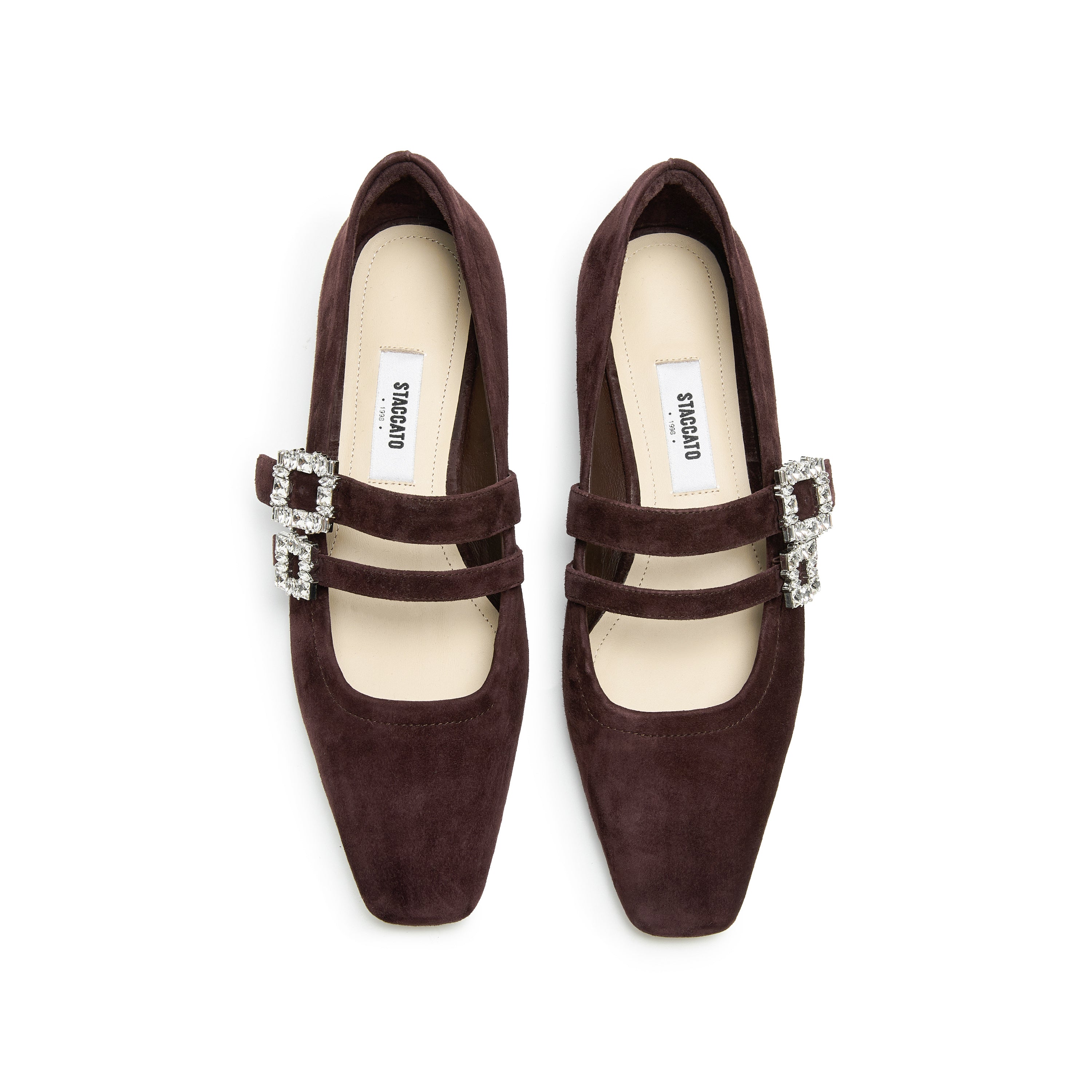 Wine Suede Double Crystal Buckle Mary Janes Flats