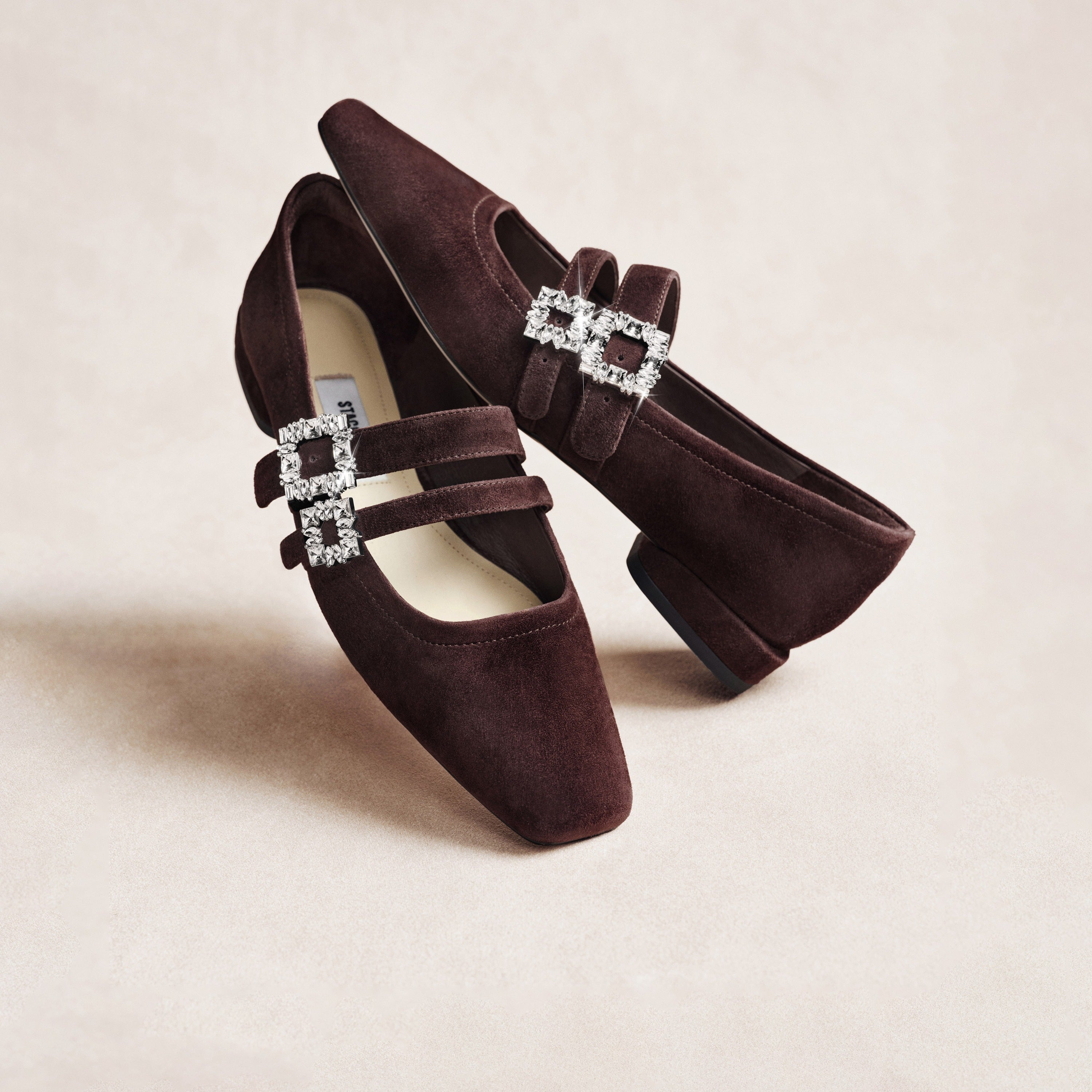 Wine Suede Double Crystal Buckle Mary Janes Flats