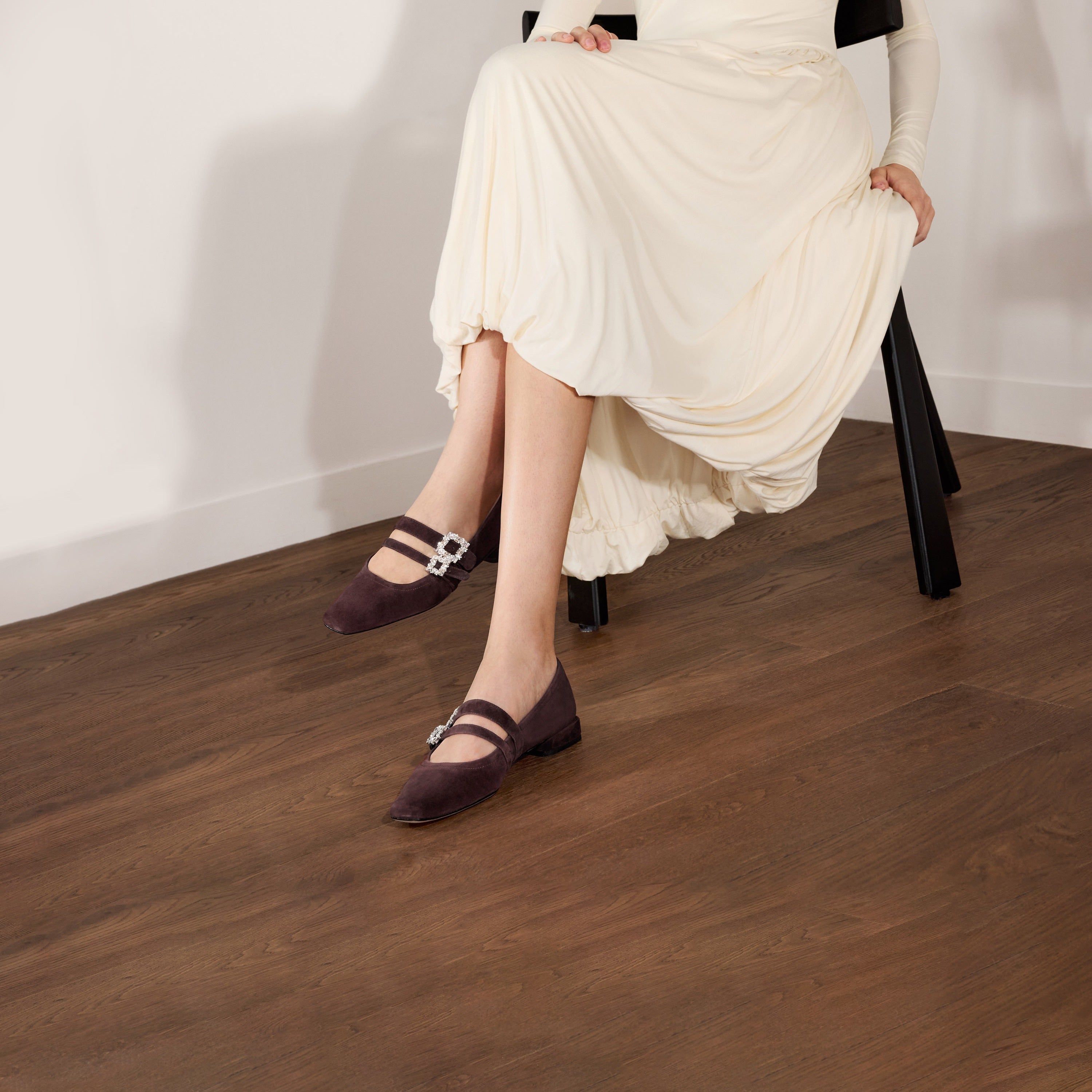 Wine Suede Double Crystal Buckle Mary Janes Flats