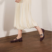 Wine Suede Double Crystal Buckle Mary Janes Flats