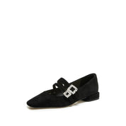 Black Suede Double Crystal Buckle Mary Janes Flats