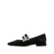Black Suede Double Crystal Buckle Mary Janes Flats