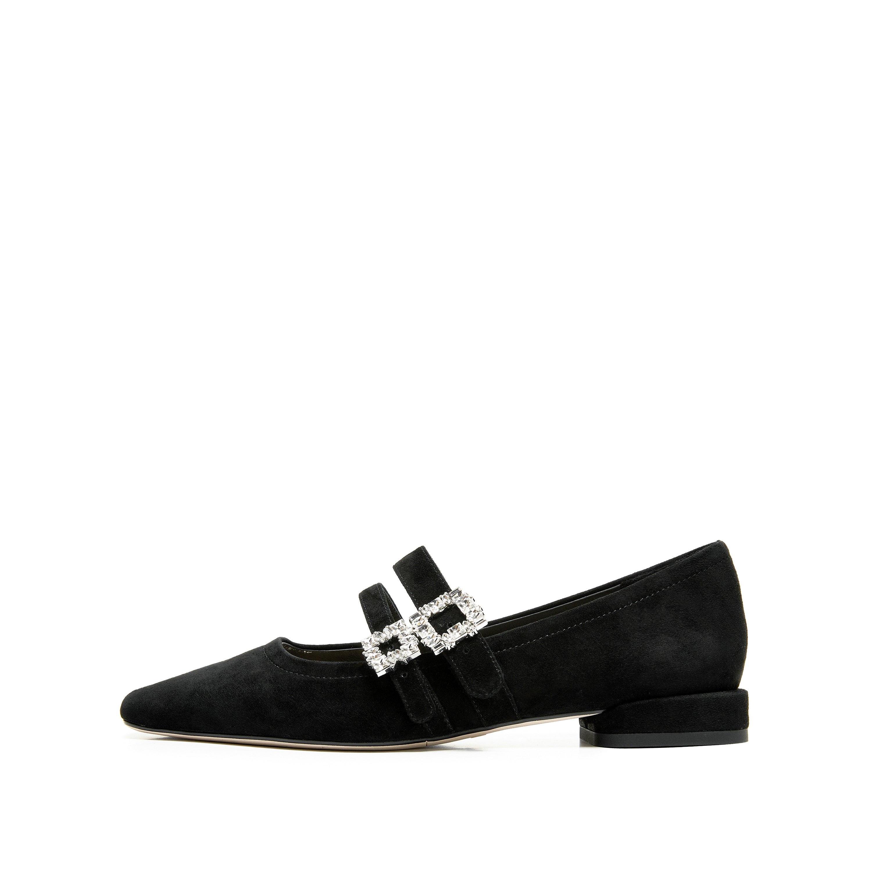 Black Suede Double Crystal Buckle Mary Janes Flats