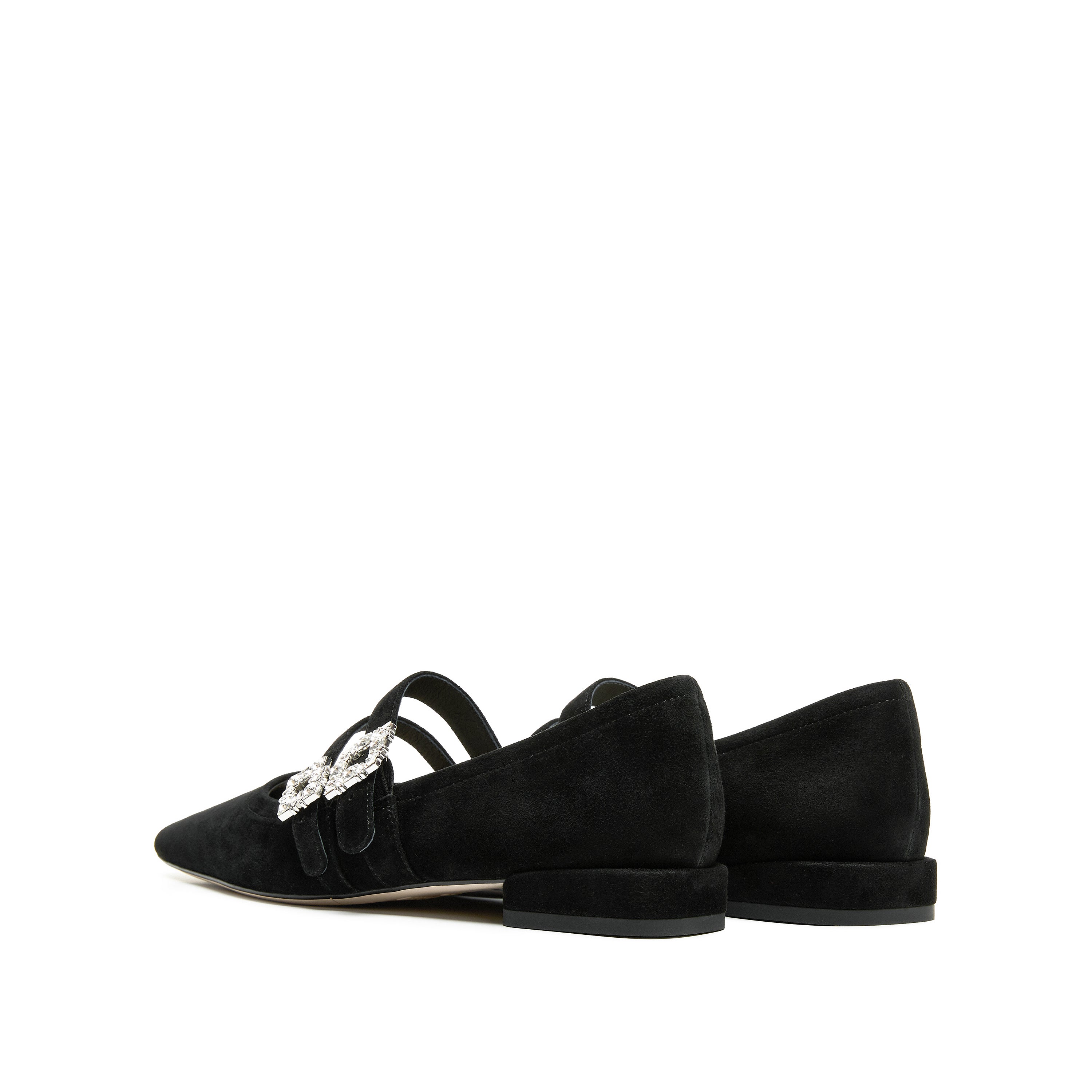 Black Suede Double Crystal Buckle Mary Janes Flats